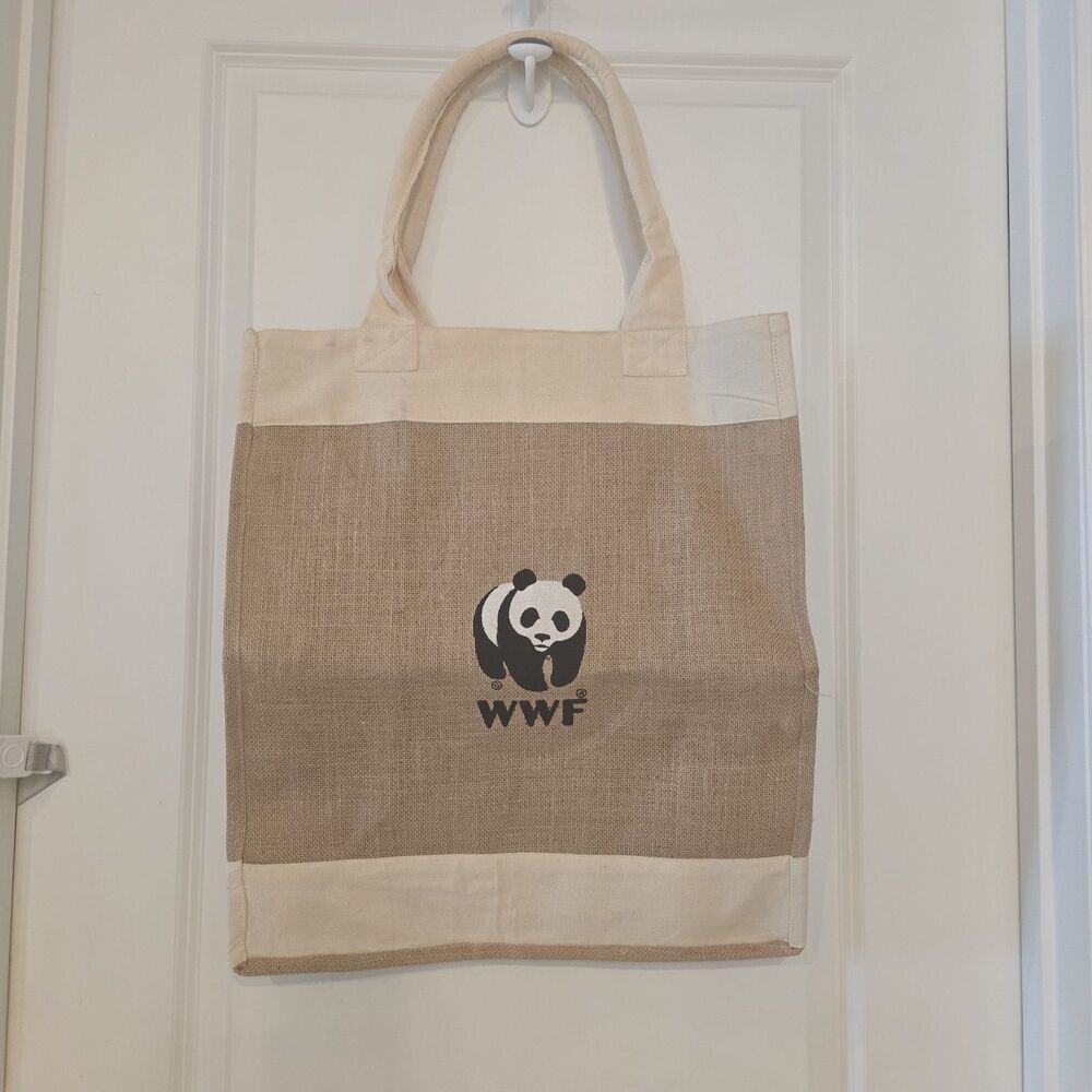 WWF Logo Jute Tote Bag. 20H. X 17 W X 10 D. Brand New! ( $60.00 New)